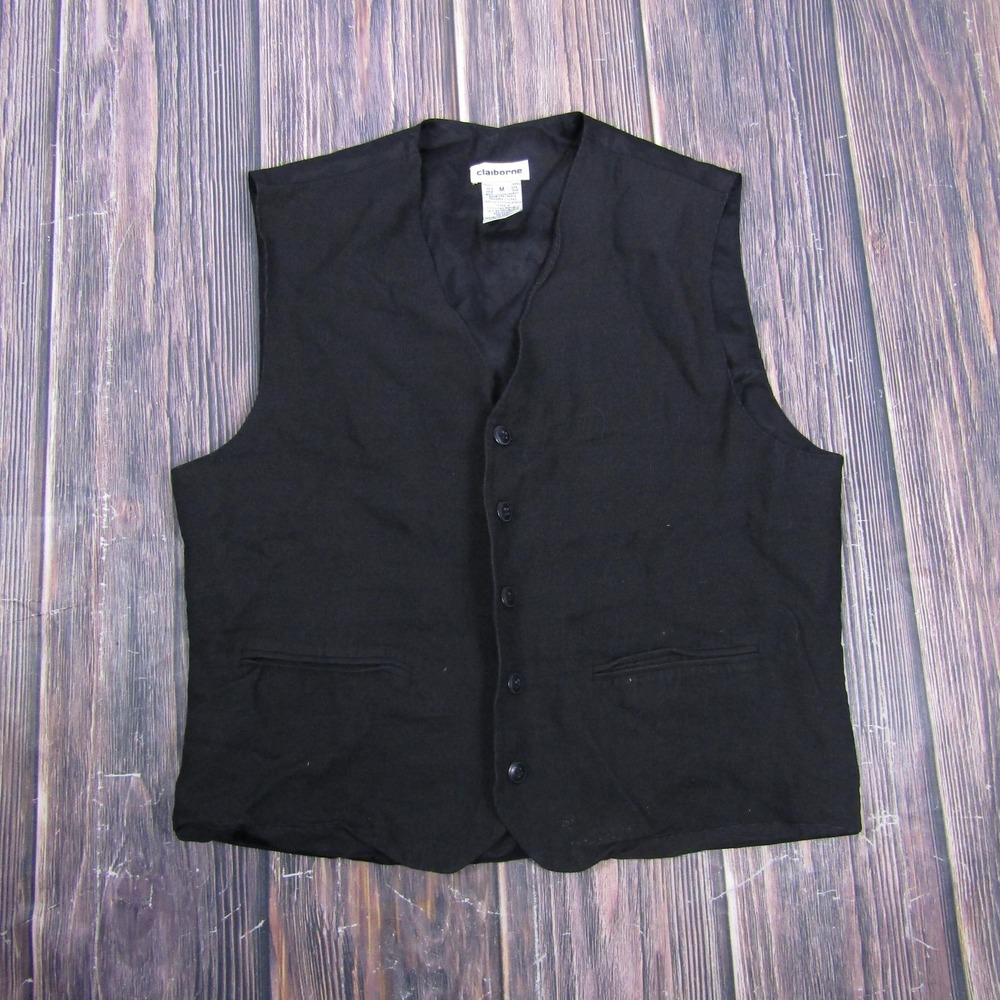 Claiborne Vest Mens M Black 3 Piece Acetate Belted Suit Waistcoat Formal
